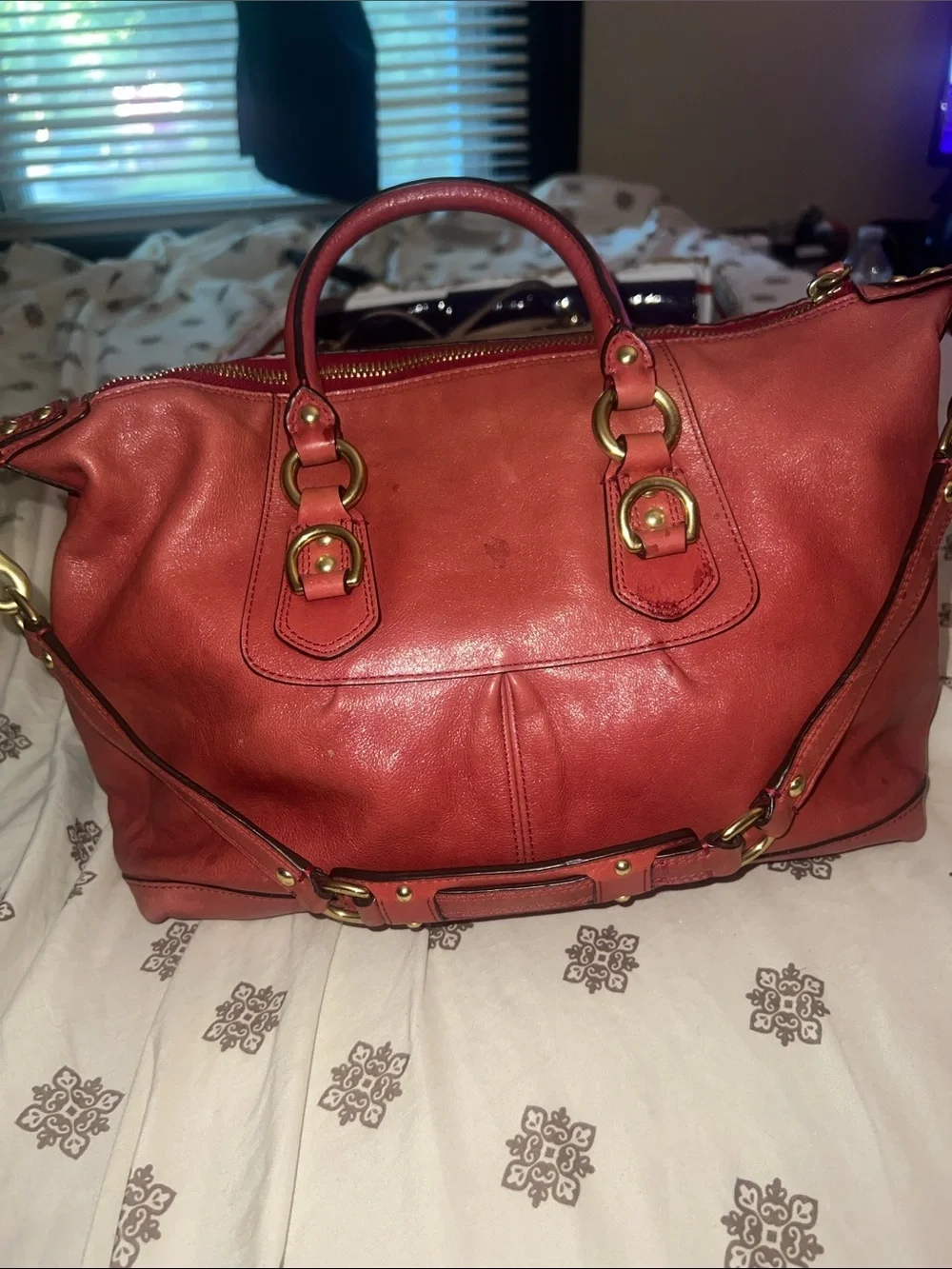 Coach Coral-Red Leather Satchel with Gold Accents